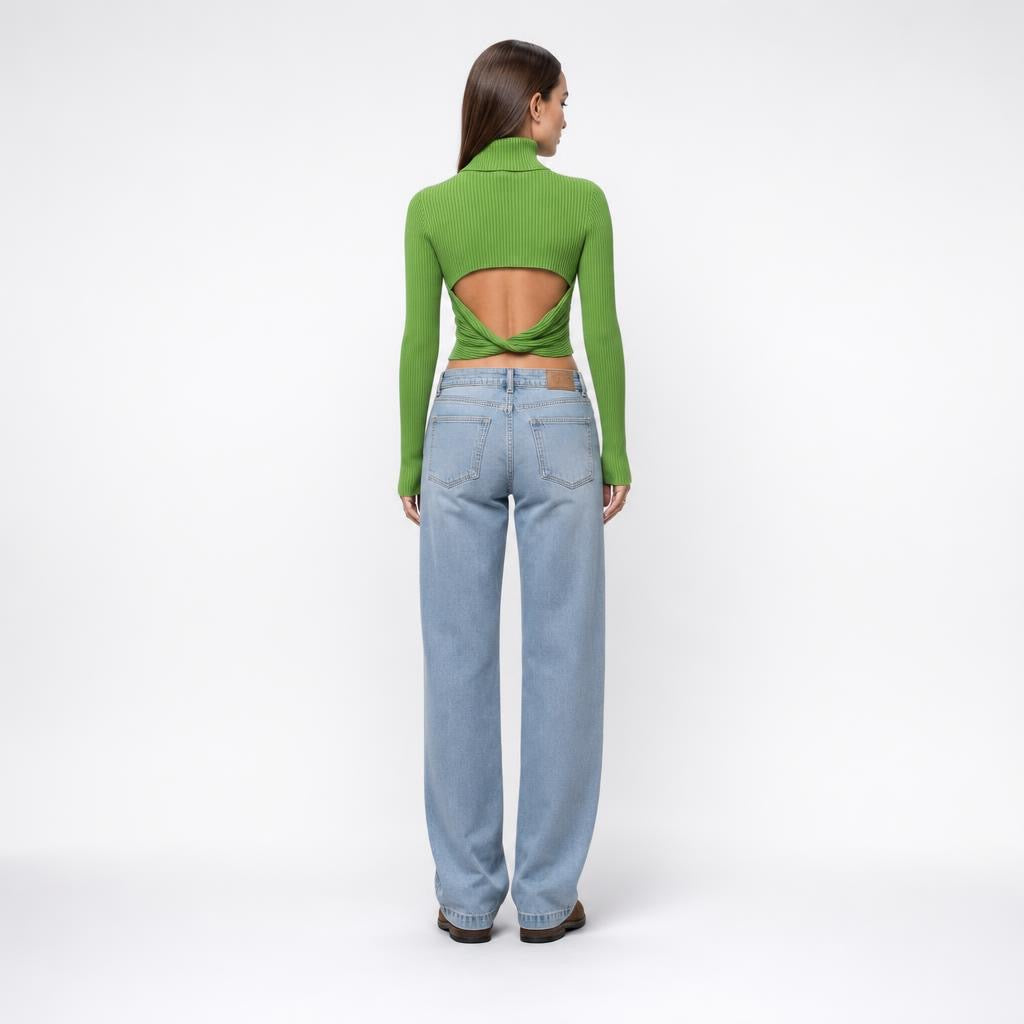 Green Ribbed Cut-Out Sweater