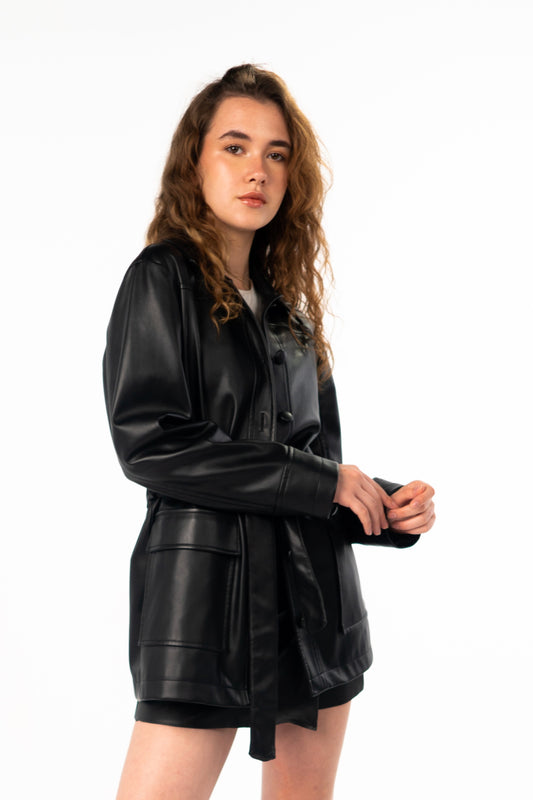 Noir Belted Faux Leather Jacket