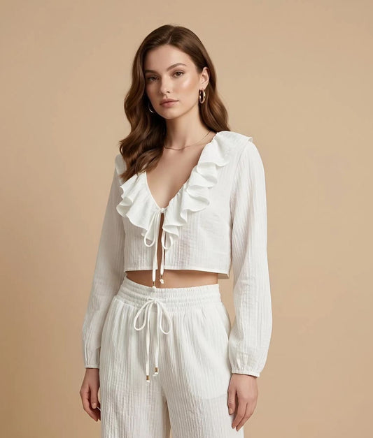 White Ruffled Wrap Blouse