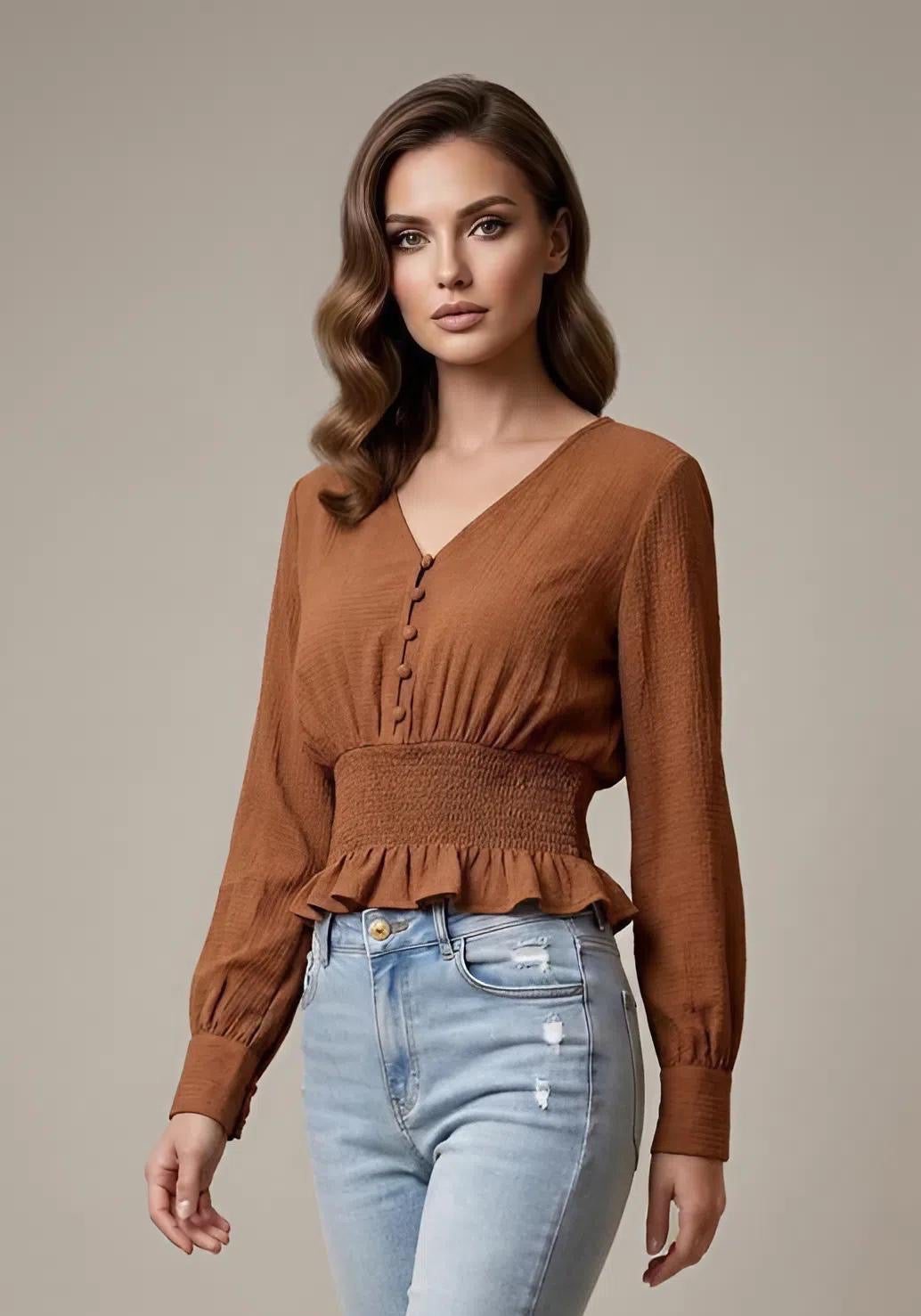 Brown Smocked Waist Blouse
