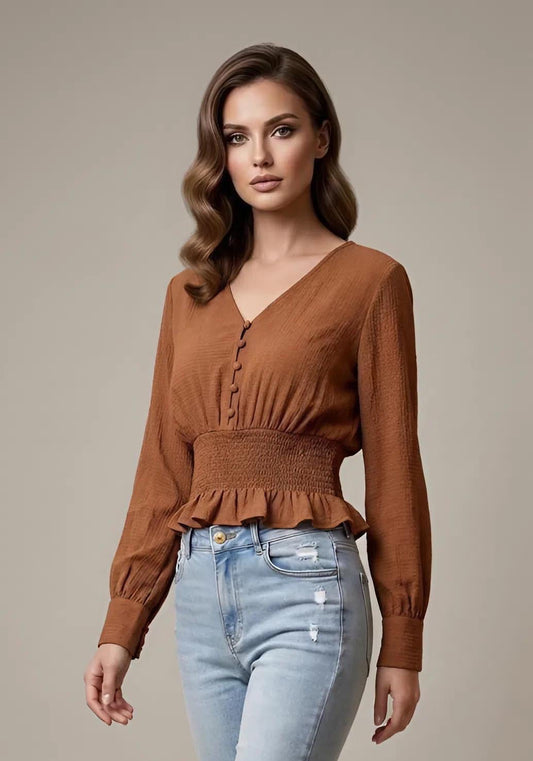 Brown Smocked Waist Blouse