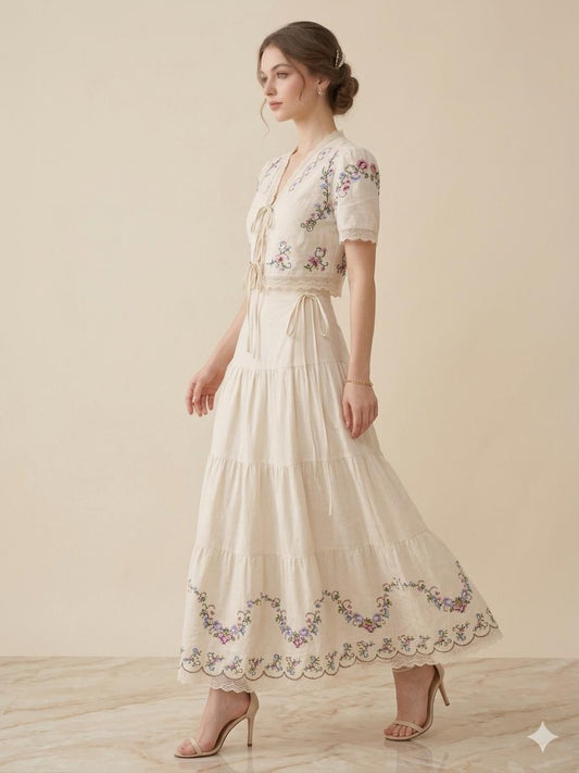 Embroidered Tie-Front Top & Midi Skirt Set