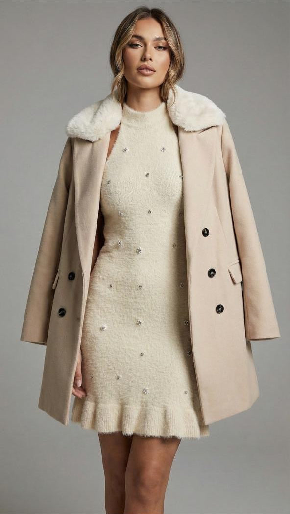 Beige Fur-Collar Wool Coat
