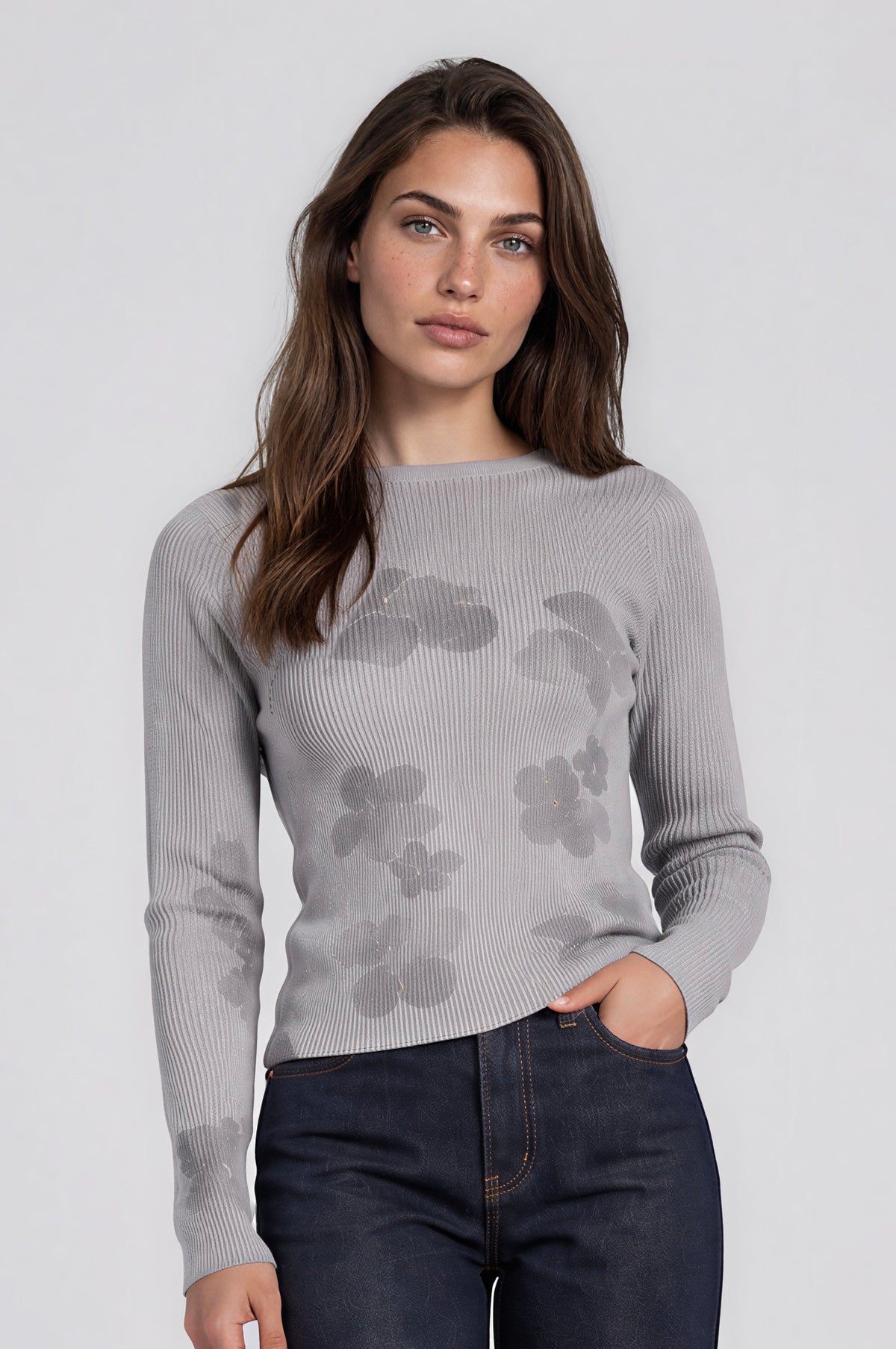 Floral Print Ribbed Long Sleeve Pullover