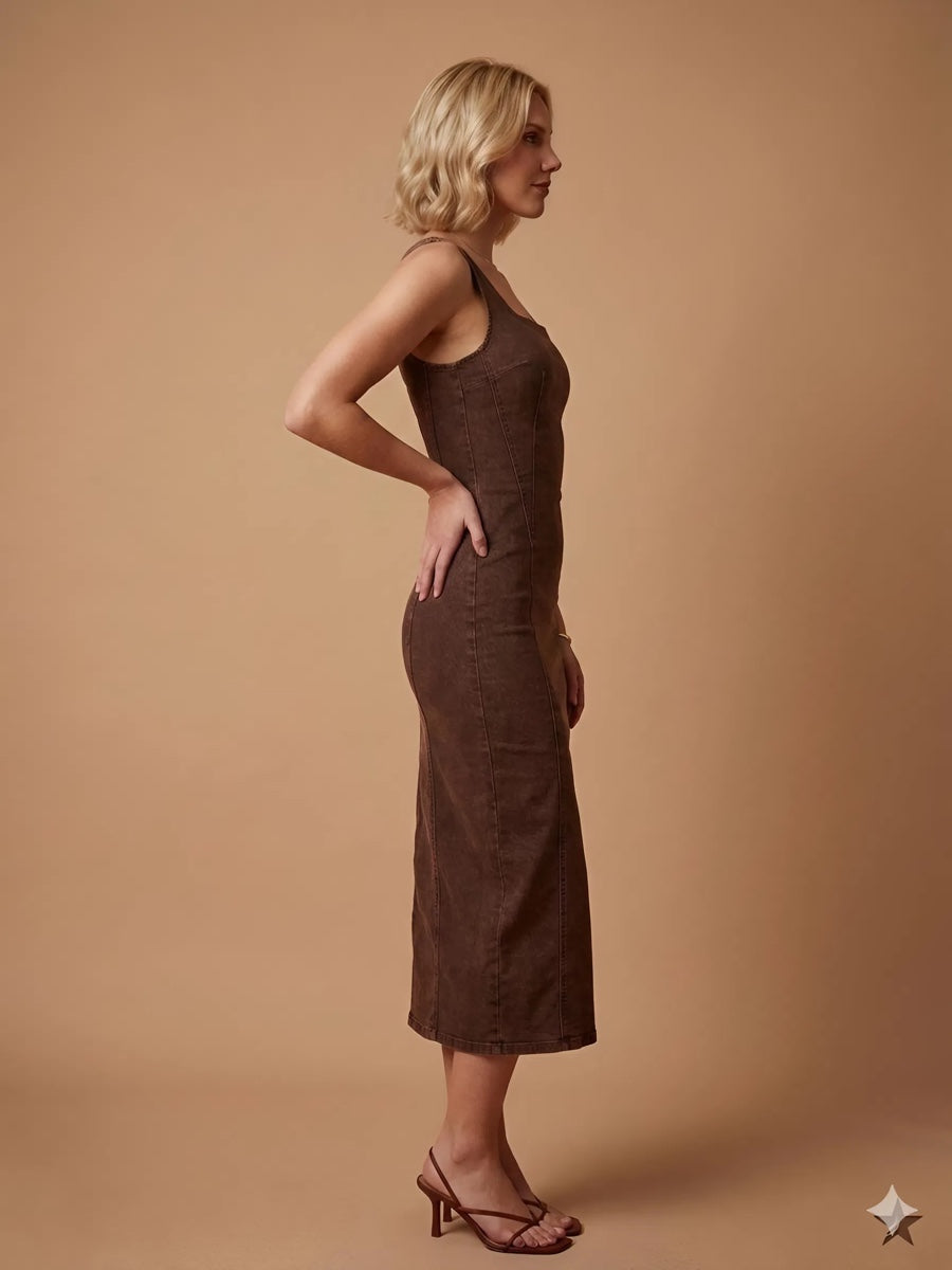 Brown Denim Sleeveless Maxi Dress