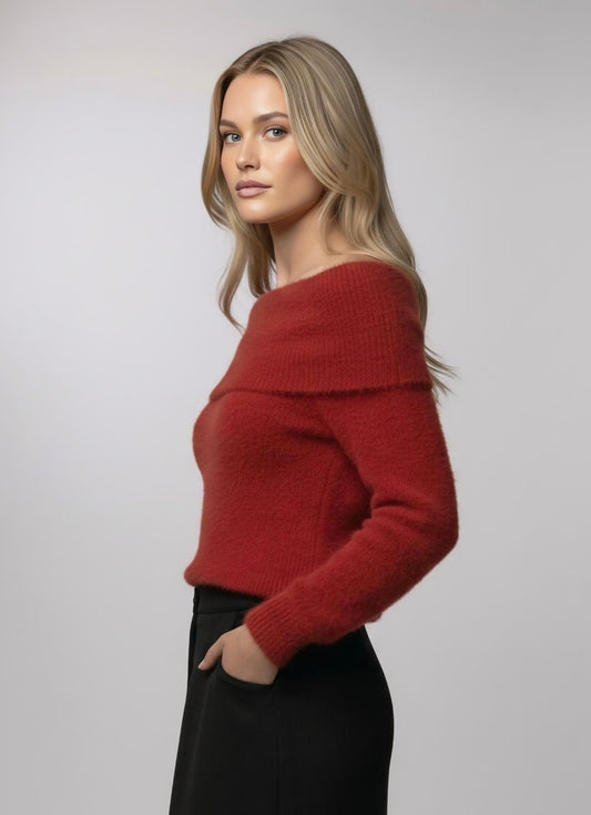 Red Fuzzy Cowl-Neck Sweater