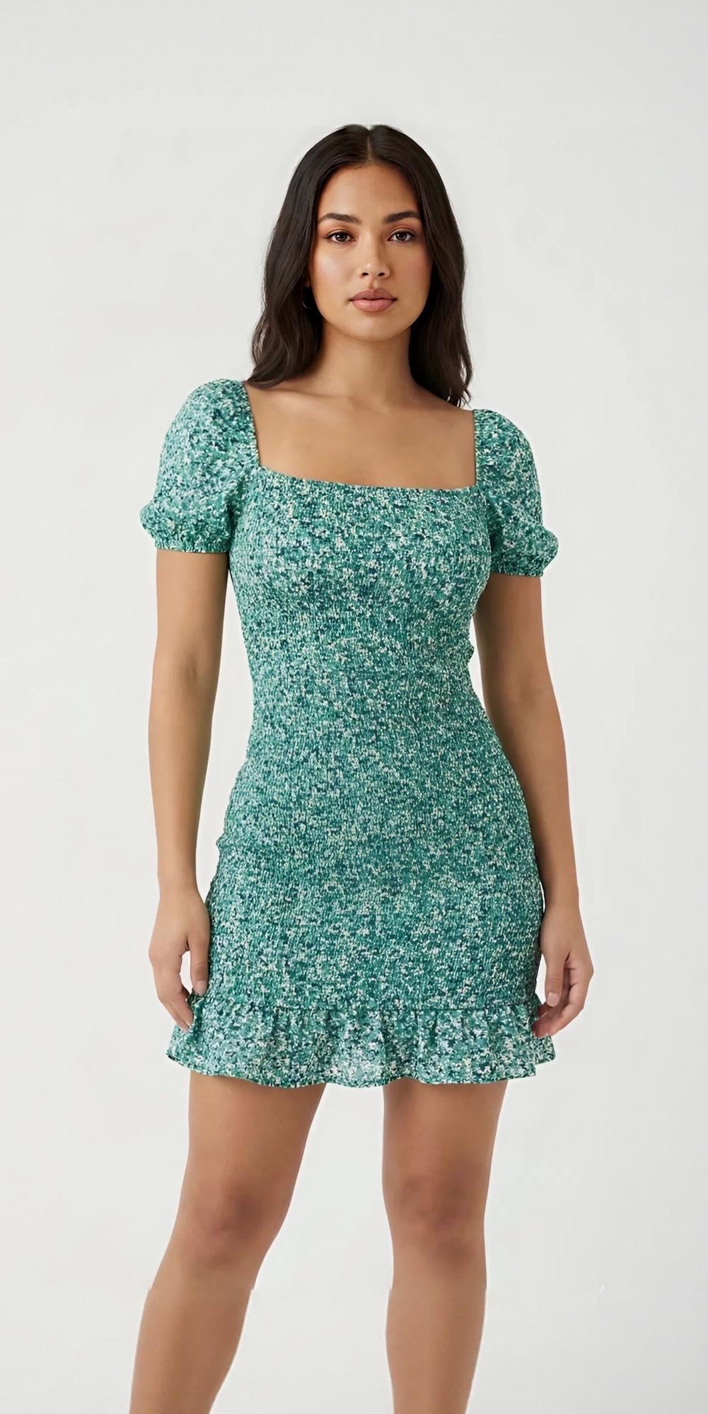 Green Floral Flounce Dress