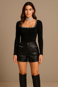 Black Beaded Square Neck Pullover