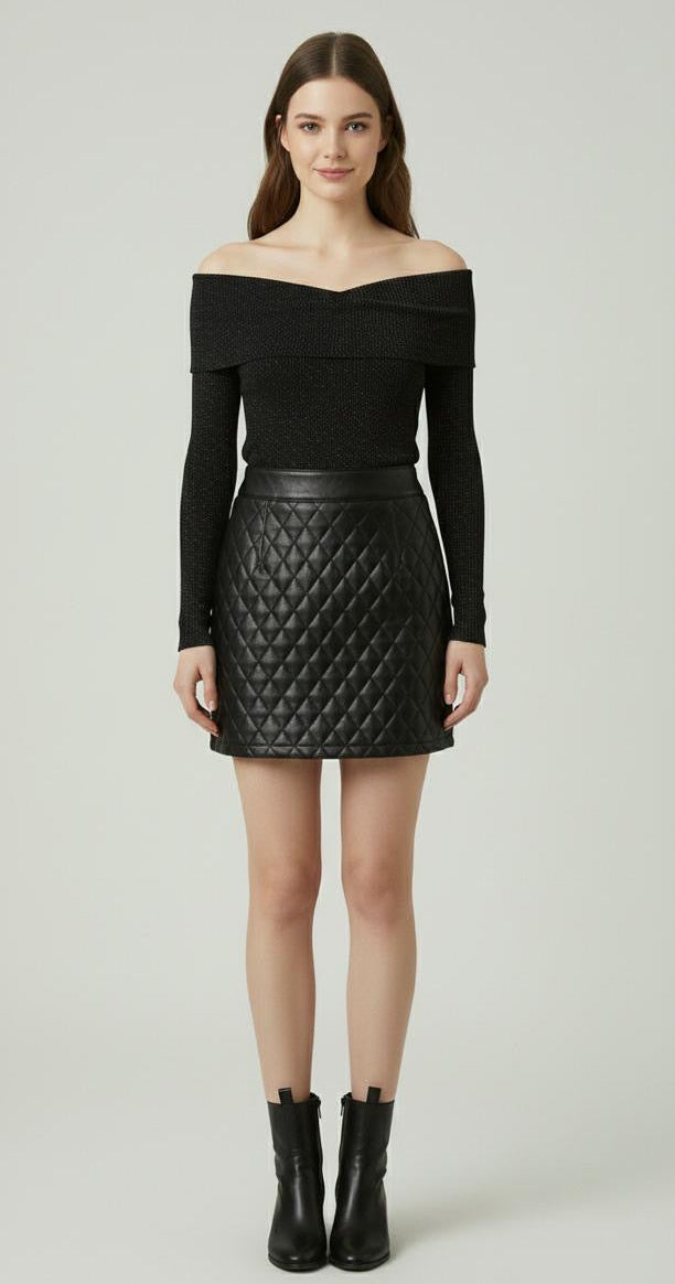 Black leather diamond quilted skirt