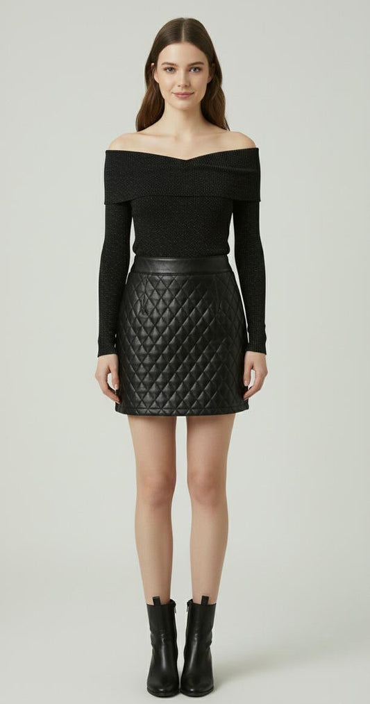 Black leather diamond quilted skirt