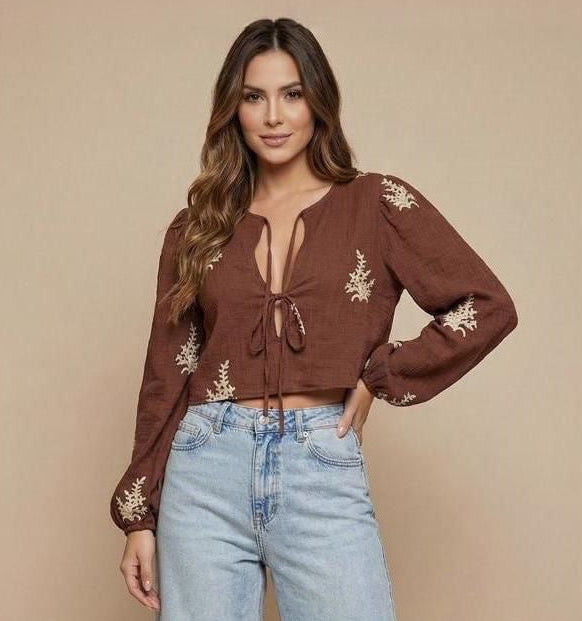 Camel Brown Embroidered Blouse with Tie Detail