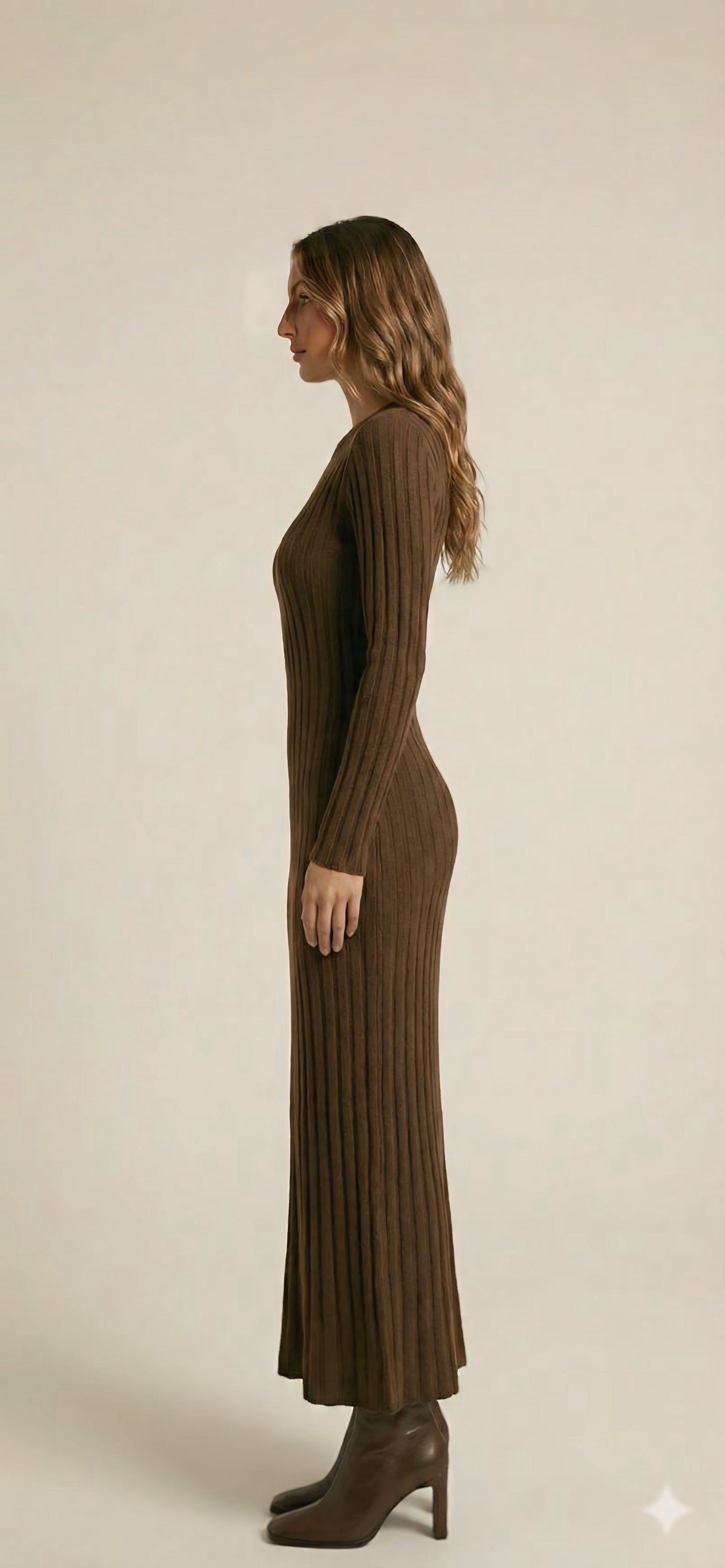 Brown Ribbed Knit Midi Dress