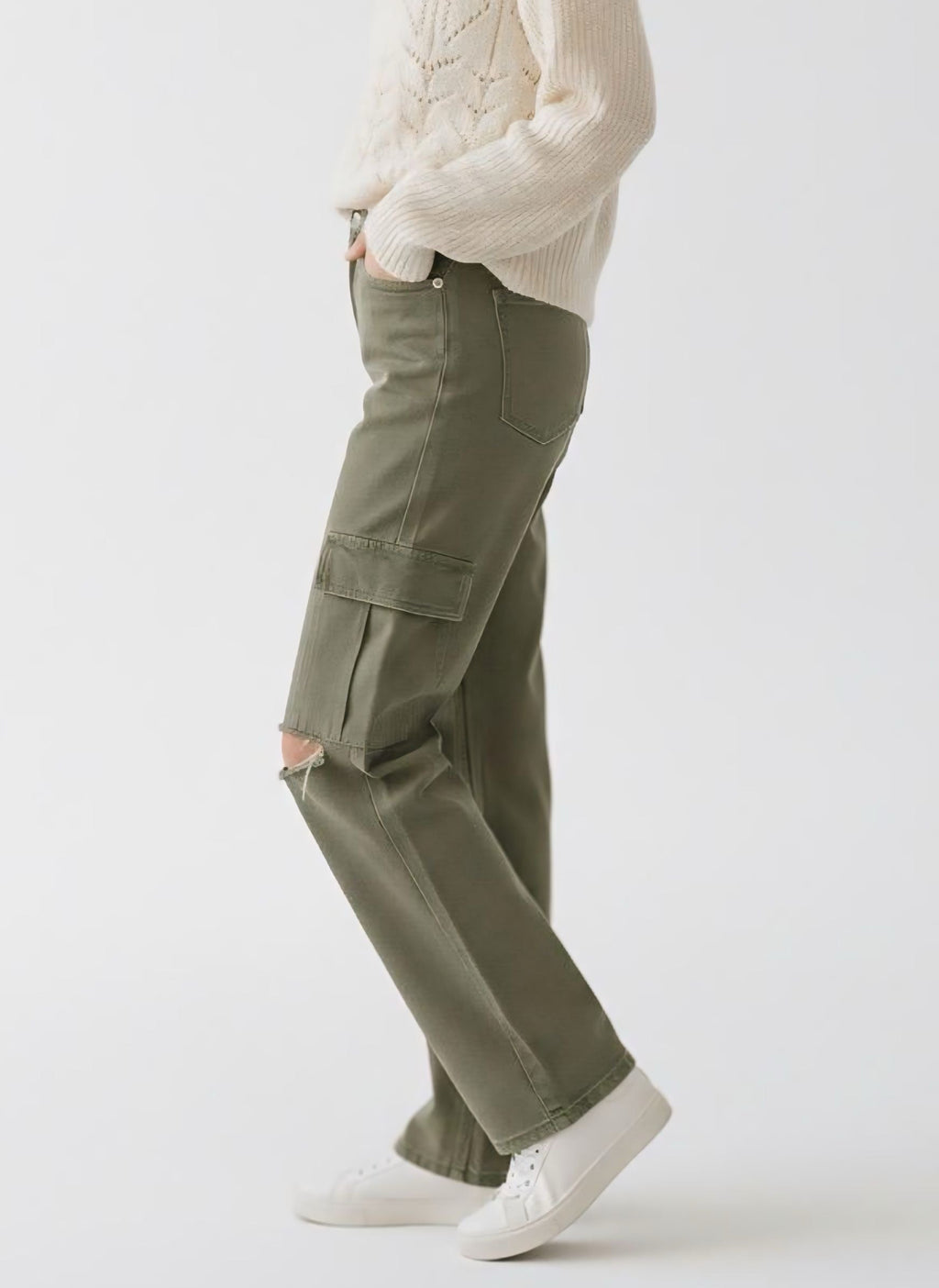 Olive Distressed Wide-Leg Jeans