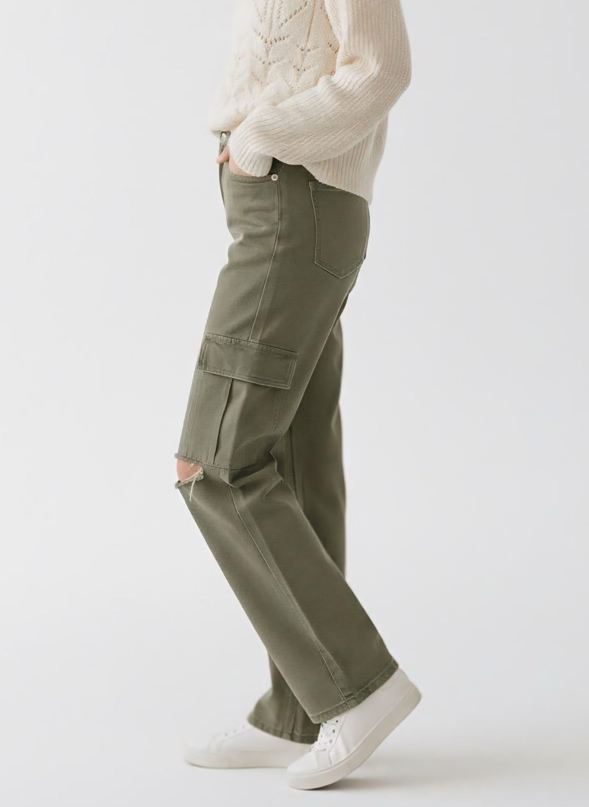 Olive Distressed Wide-Leg Jeans