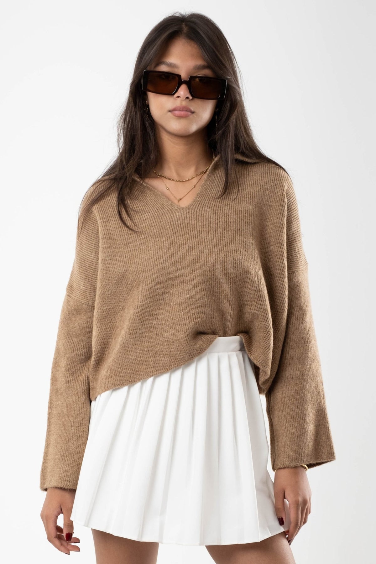 Beige Sable Collared Knit Sweater
