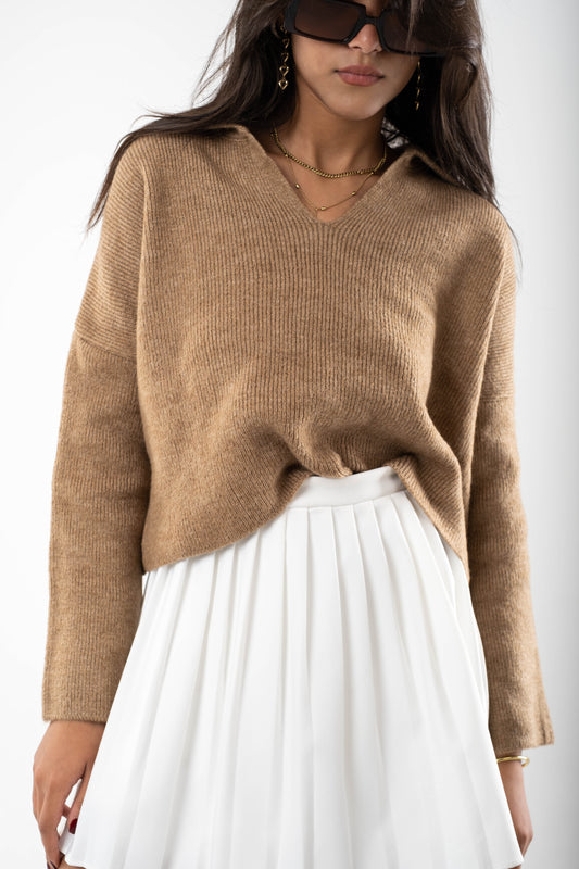 Beige Sable Collared Knit Sweater