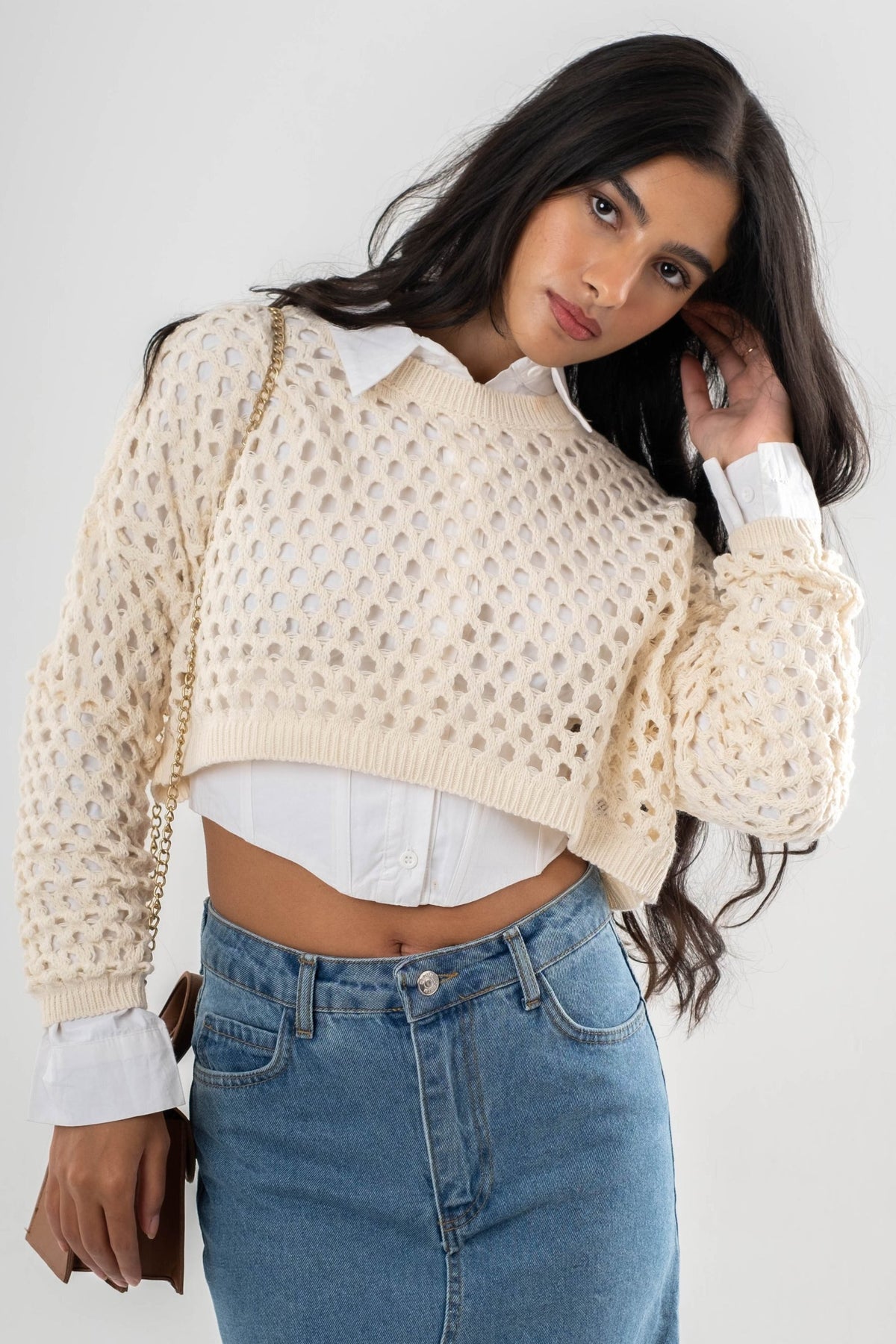 Crocheted Open-Knit Cream Sweater