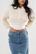 Crocheted Open-Knit Cream Sweater