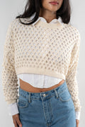 Crocheted Open-Knit Cream Sweater
