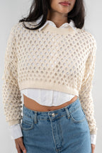 Crocheted Open-Knit Cream Sweater