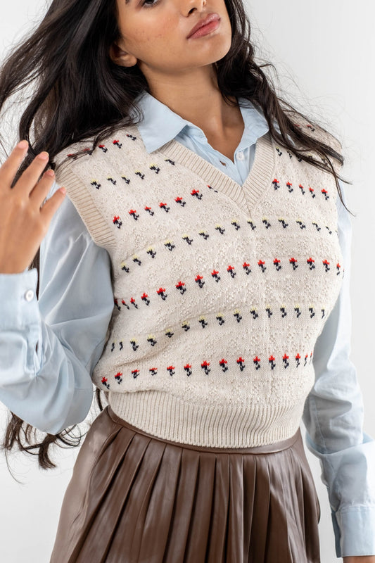Textured Knit Cream Floral Vest