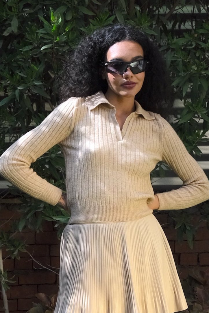 Beige Nora Ribbed Polo Sweater