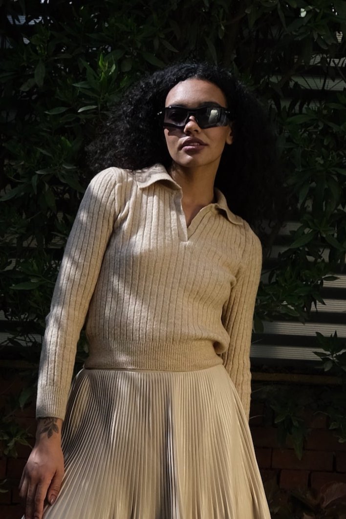 Beige Nora Ribbed Polo Sweater