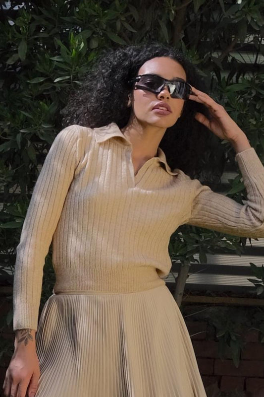 Beige Nora Ribbed Polo Sweater