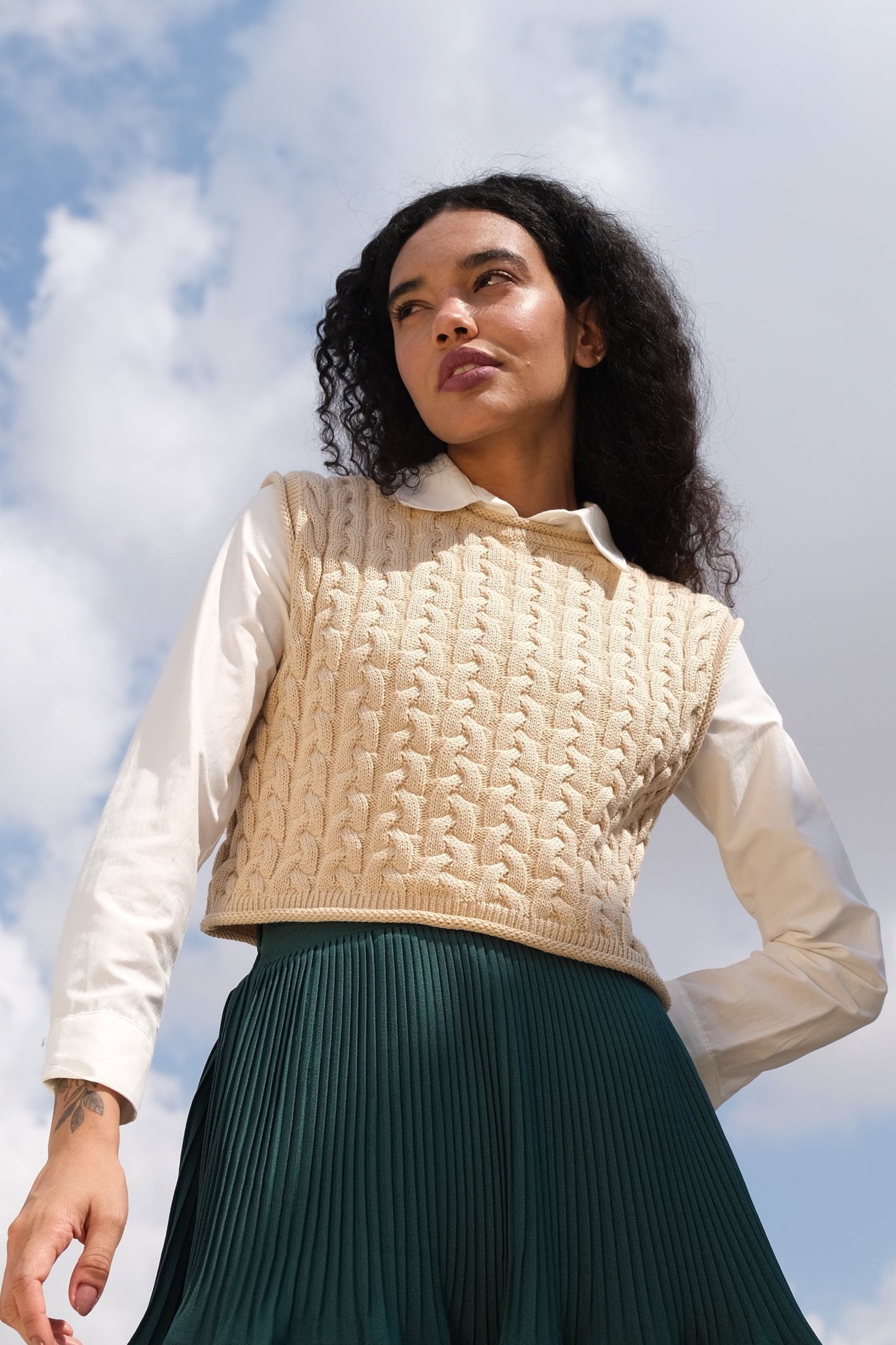 Beige Classic Cable-Knit Wool Vest