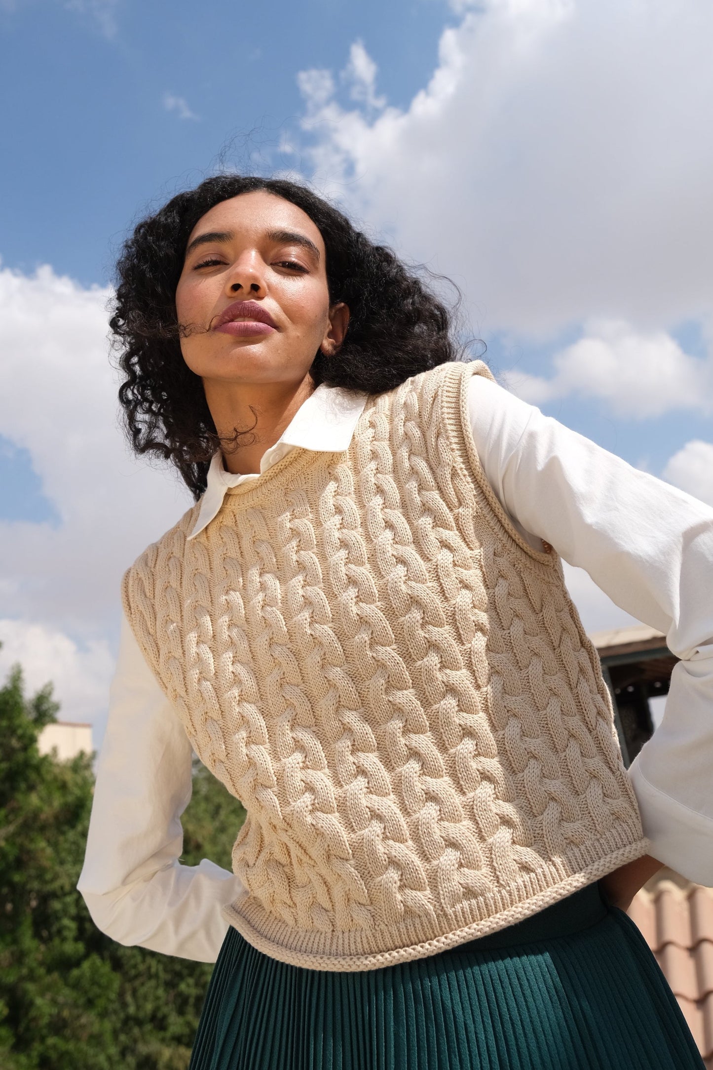 Beige Classic Cable-Knit Wool Vest