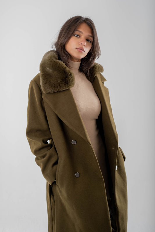 Double-Breasted Wool Coat with Faux Fur Collar