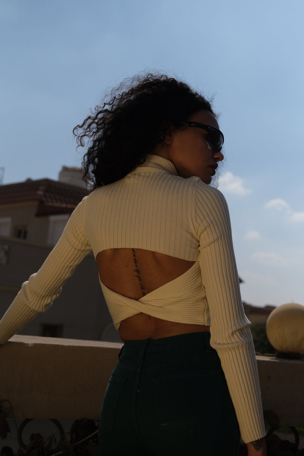 Cross-Back Ribbed Knit Pullover