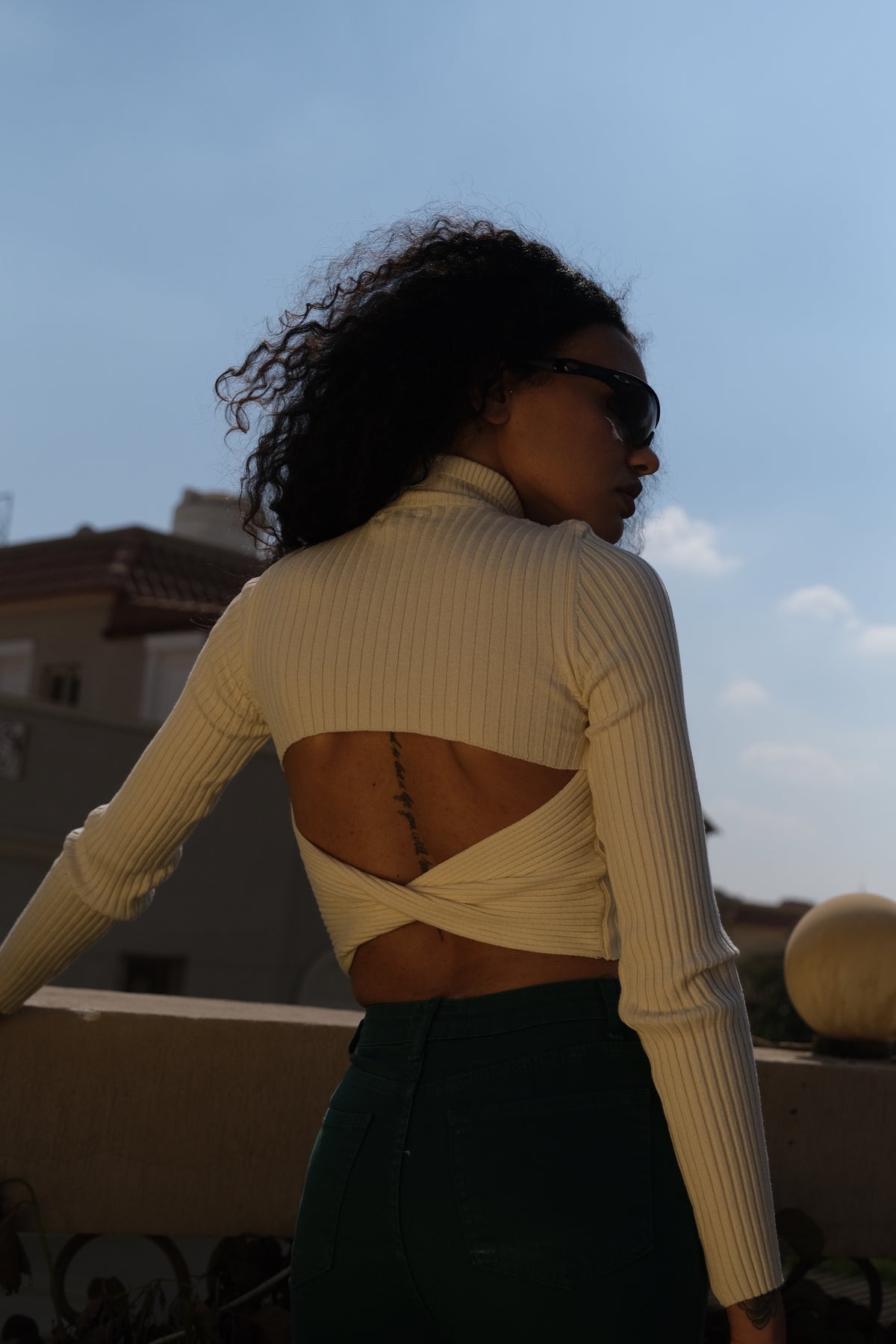 Cross-Back Ribbed Knit Pullover