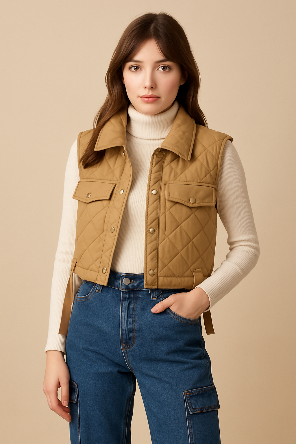 Beige Diamond Quilted Cropped Vest