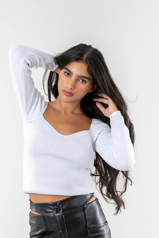 White Ribbed Knit Top with Square Neckline