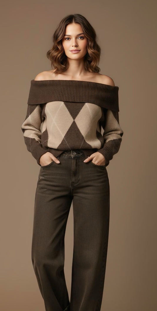 Brown Argyle Knit Sweater