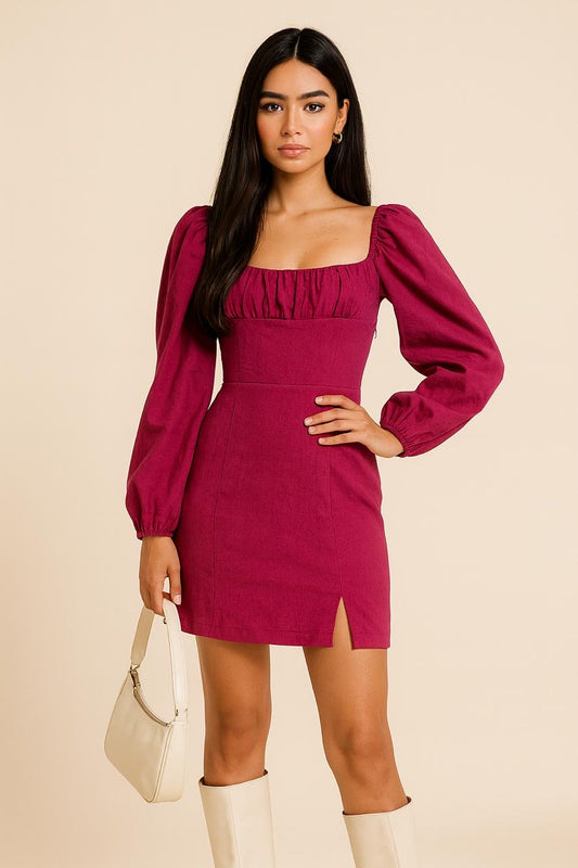 Raspberry Puff Sleeve Mini Dress