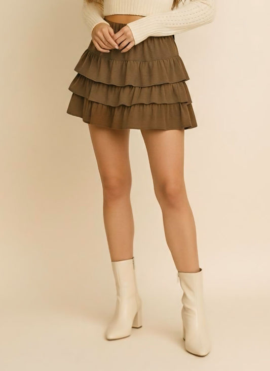 Brown Tiered Mini Skirt