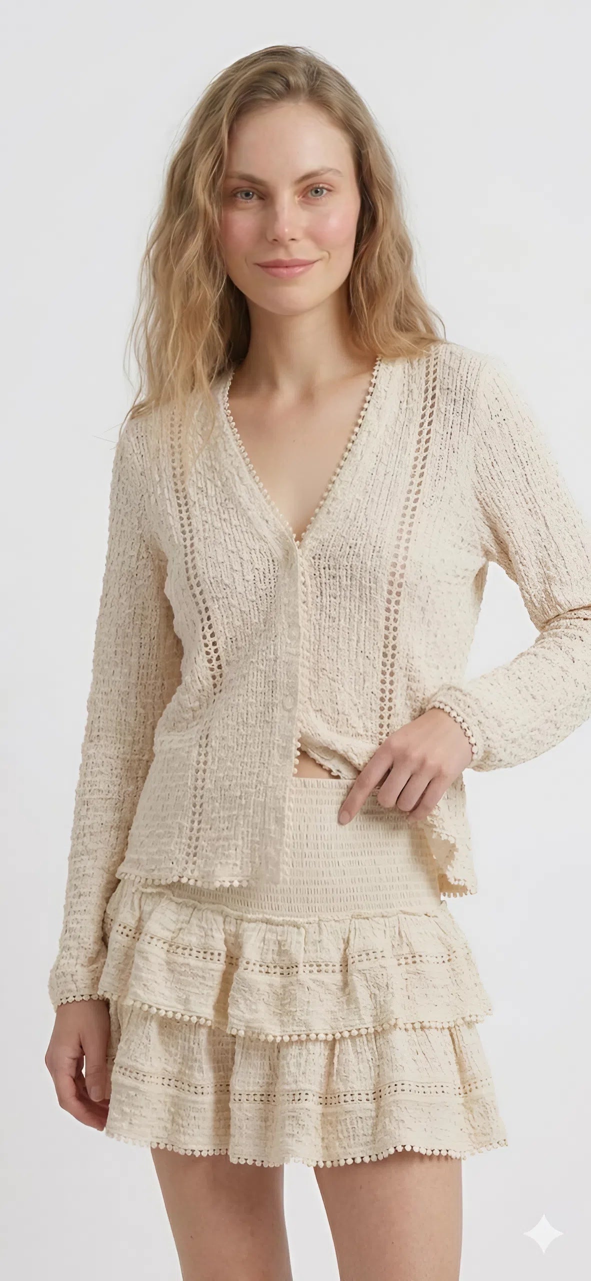Beige Textured Lace Trim Blouse