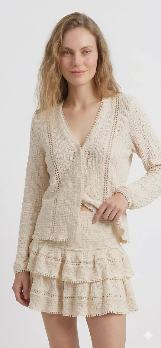 Beige Textured Lace Trim Blouse