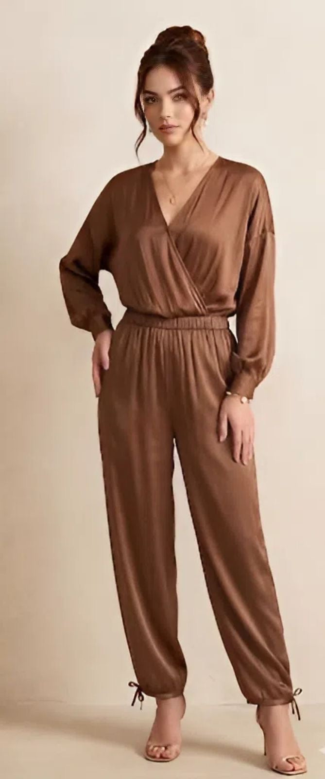 Bronze Satin Blouse & Drawstring Pants Set