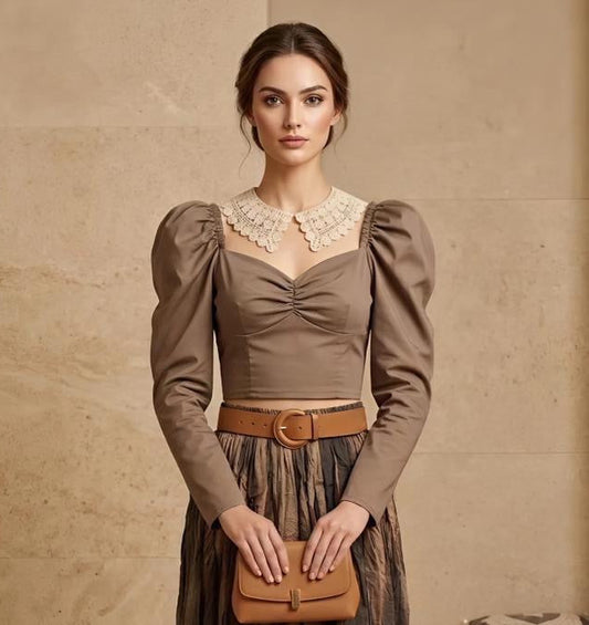 Taupe Ruched Cropped Blouse