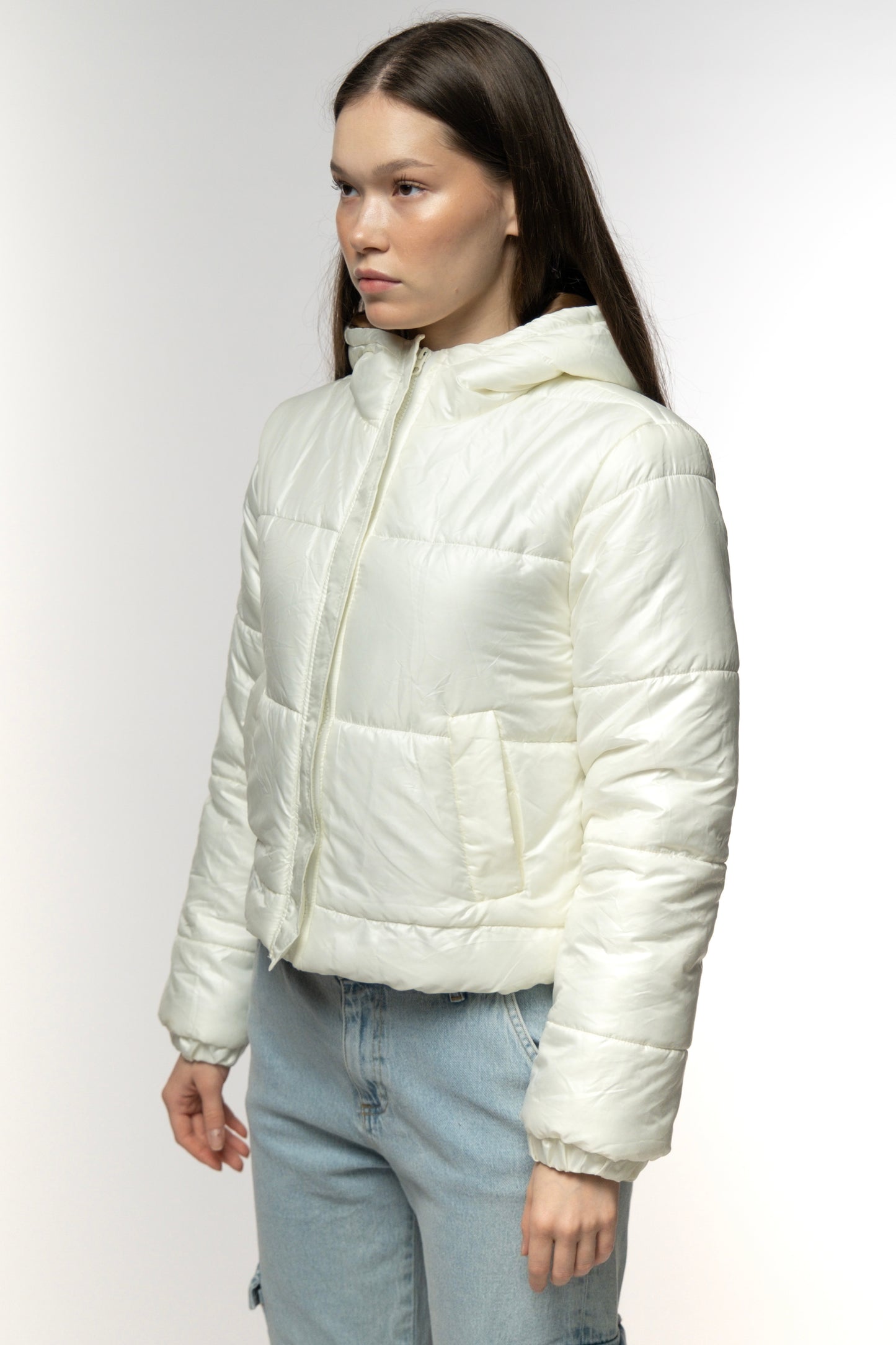Cream Puffer Jacket with Camel Lining