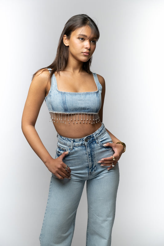 Denim Beaded Crop Top