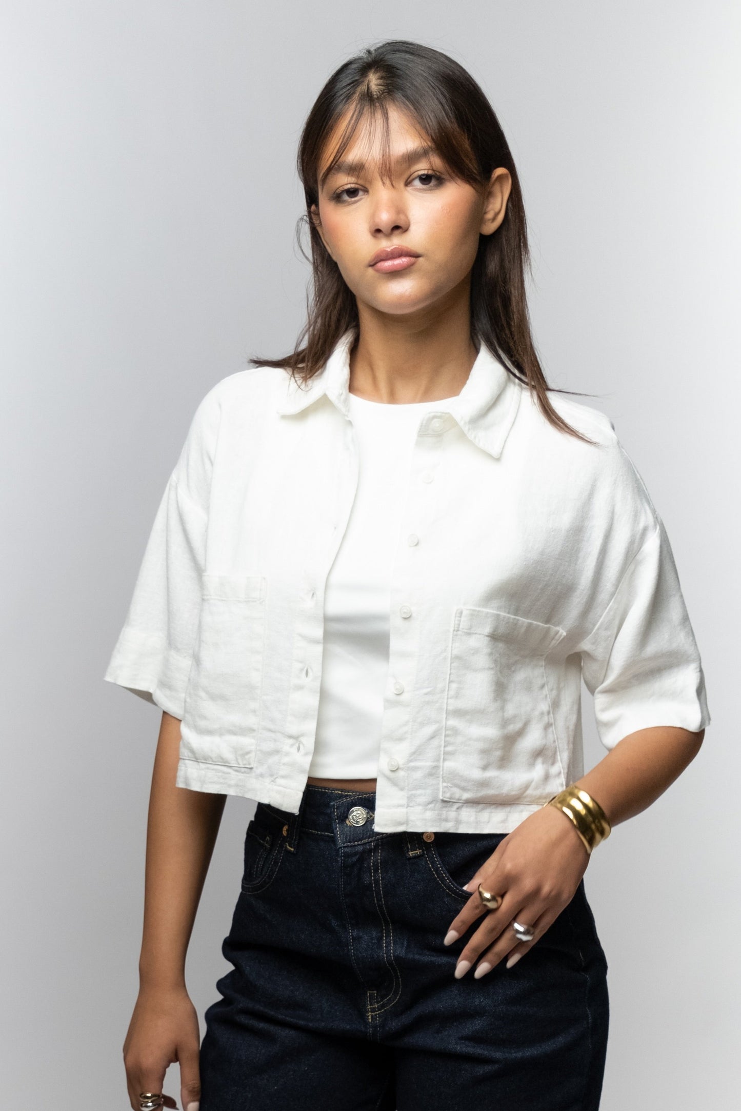 White Linen Cropped Shirt