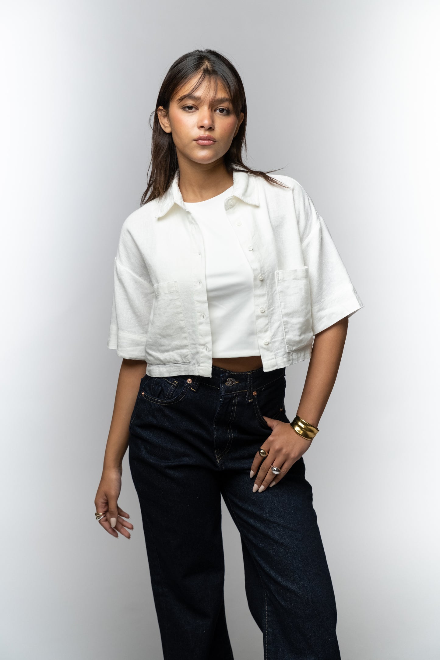 White Linen Cropped Shirt