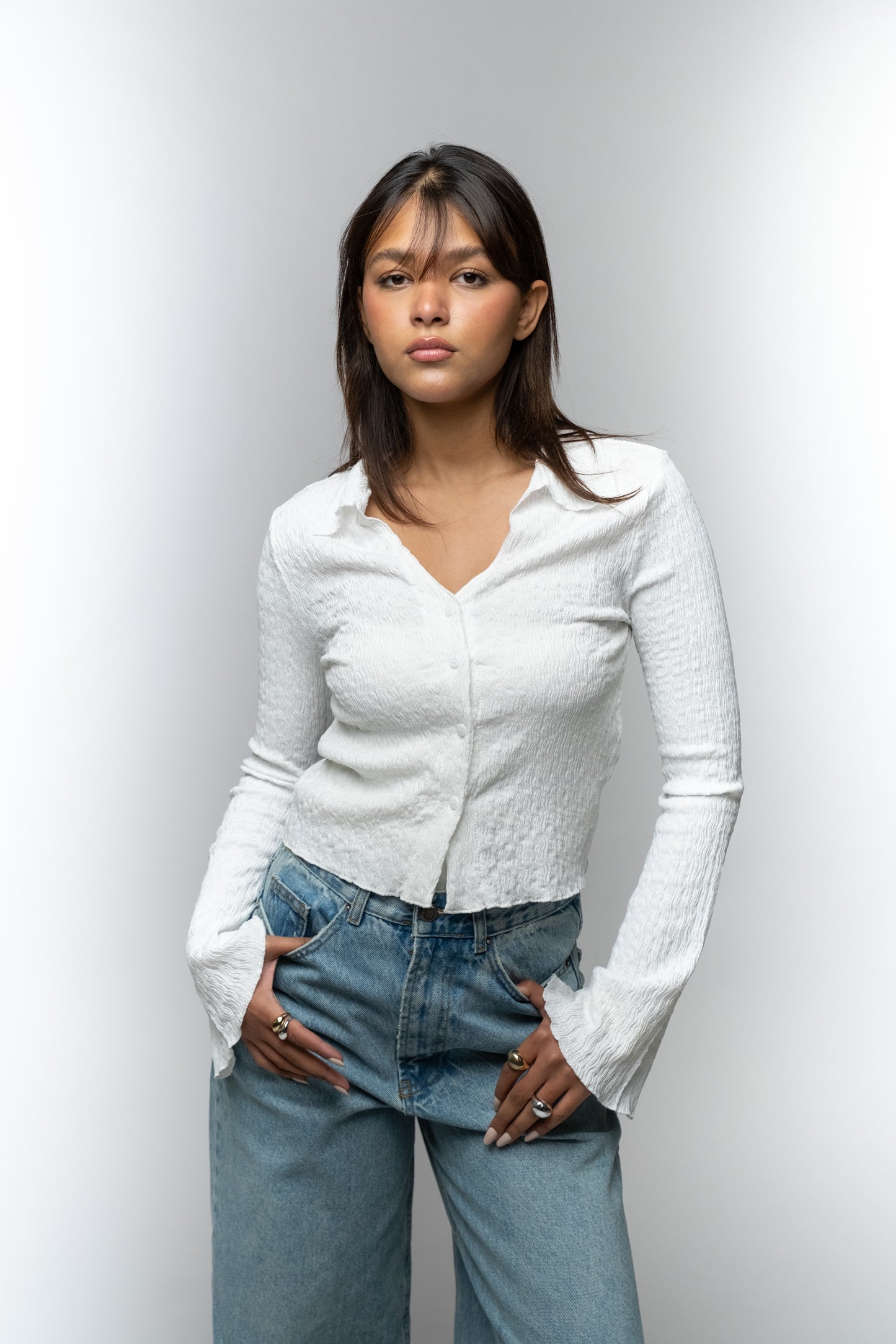 White Bell Sleeve Button-Down Shirt