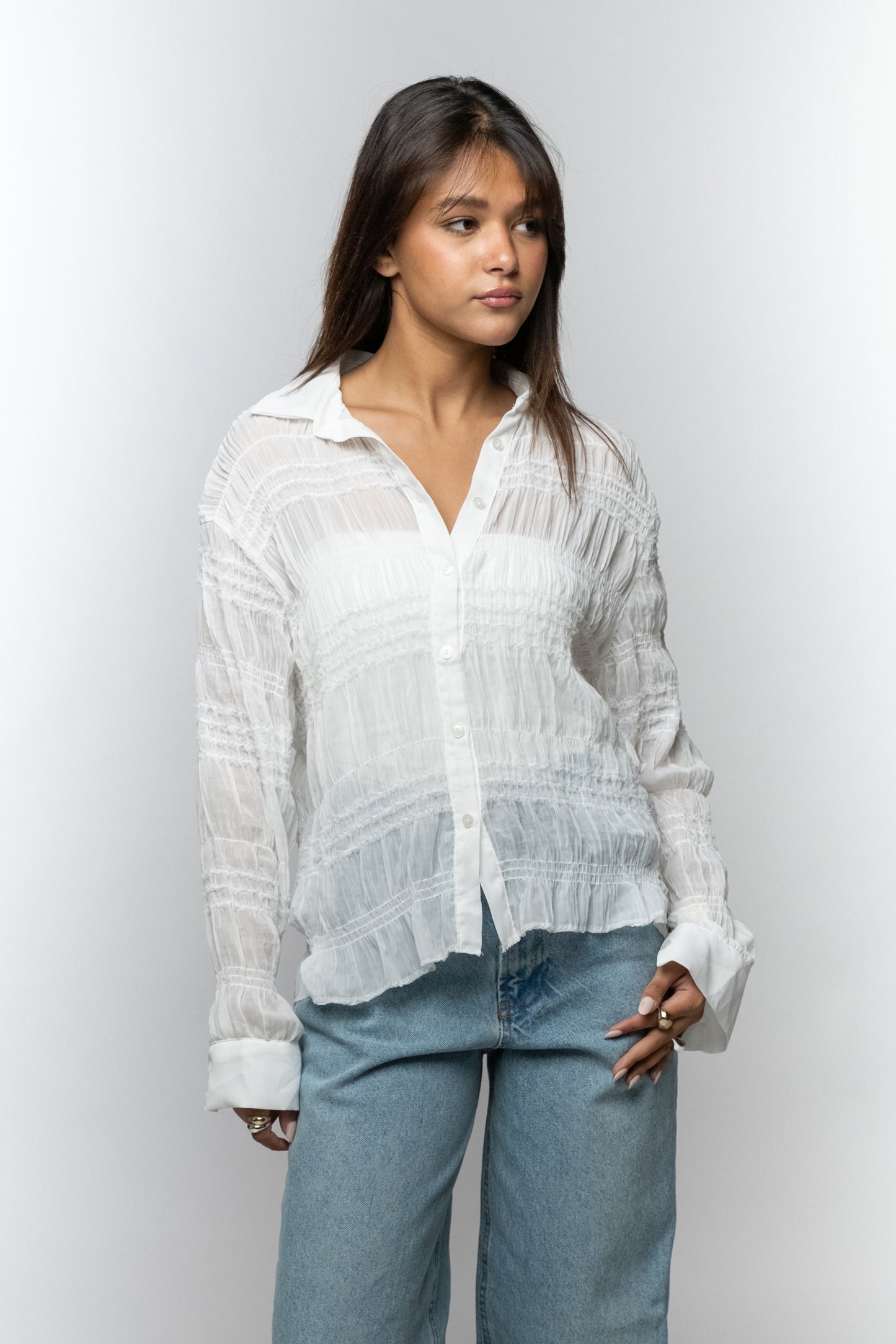 White Textured Button-Down Shirt