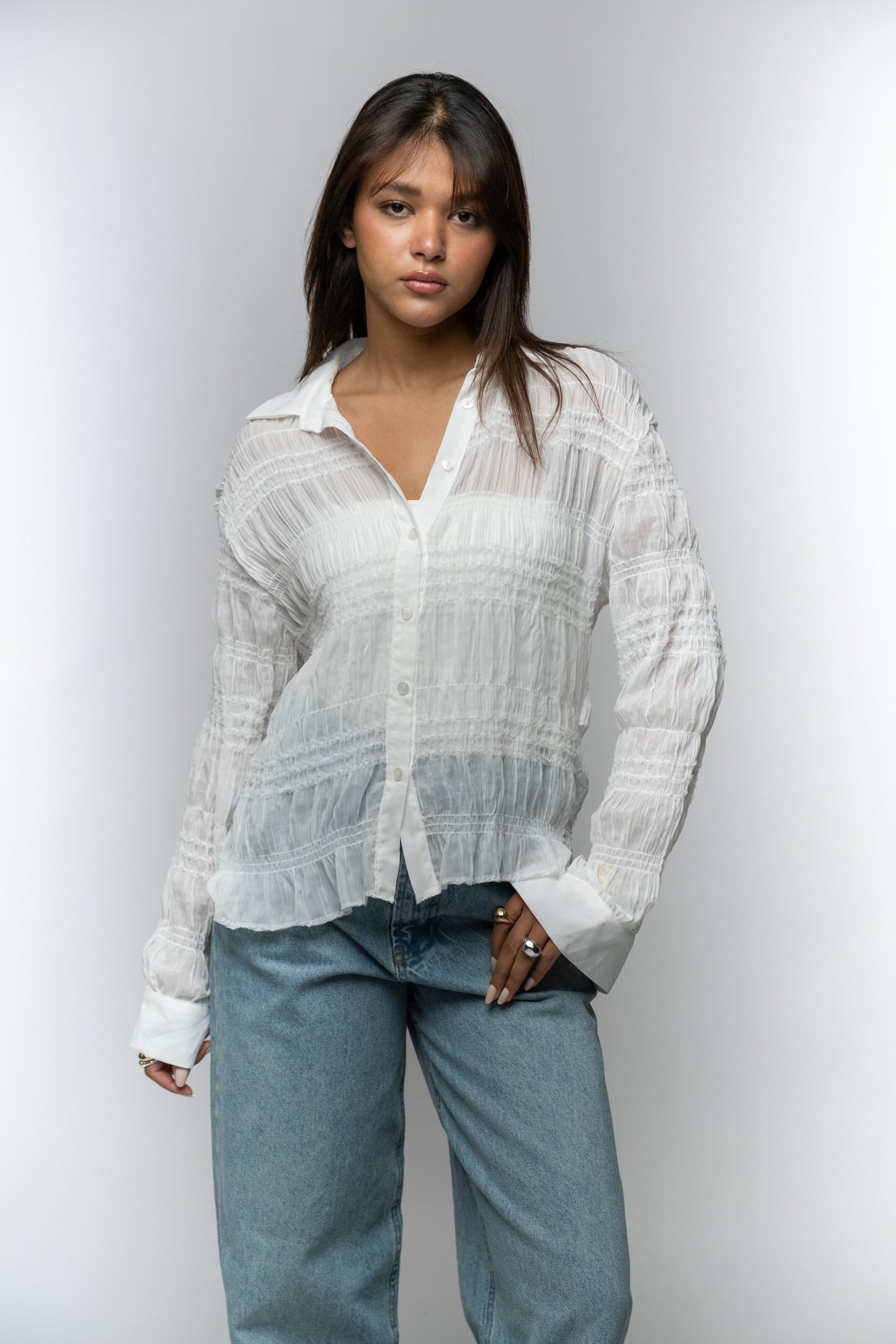 White Textured Button-Down Shirt