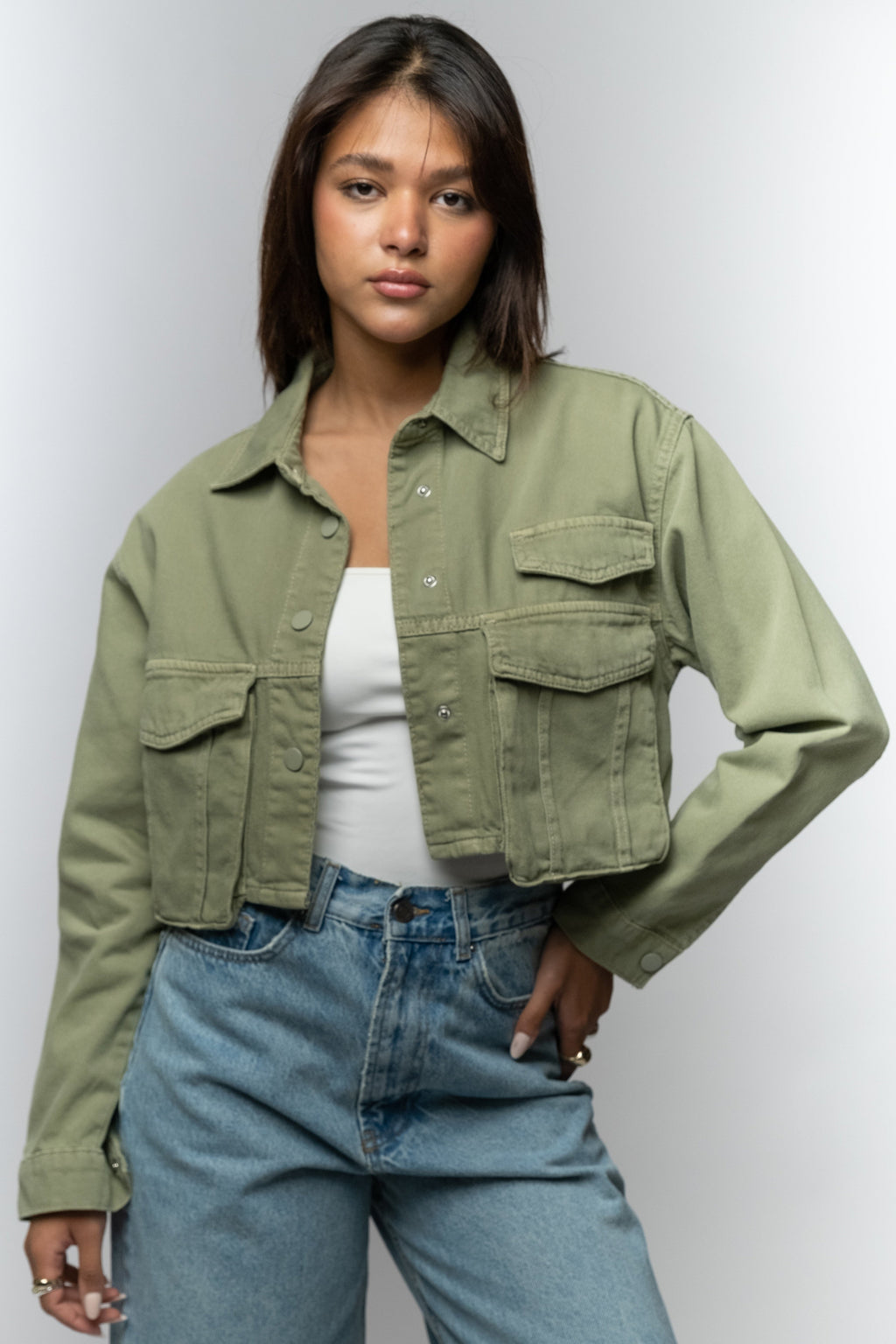 Olive Green Cropped Utility Jacket